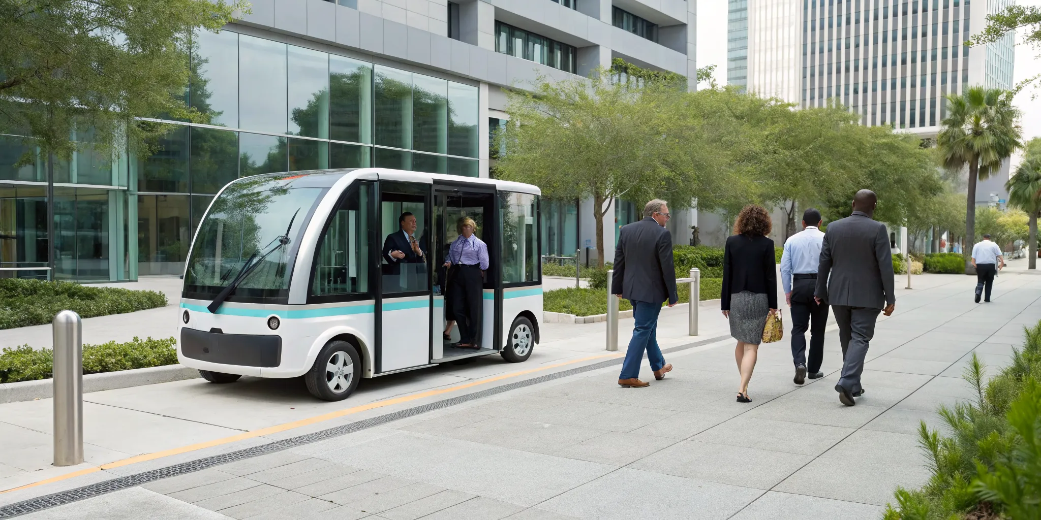Employee shuttle in Wilmington picking up business professionals outside modern office buildings.