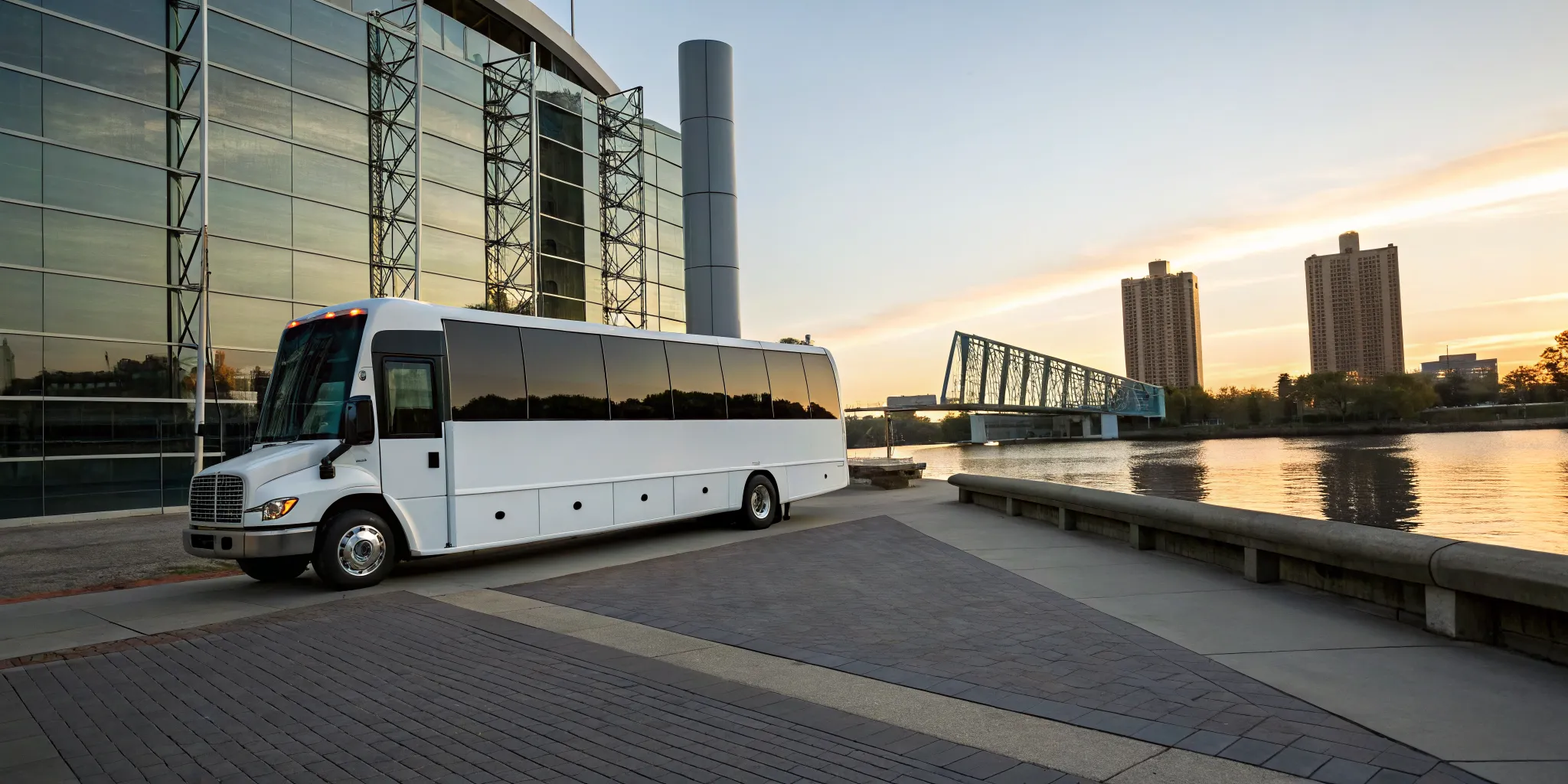 A luxury event shuttle parked on the Wilmington waterfront at sunset.