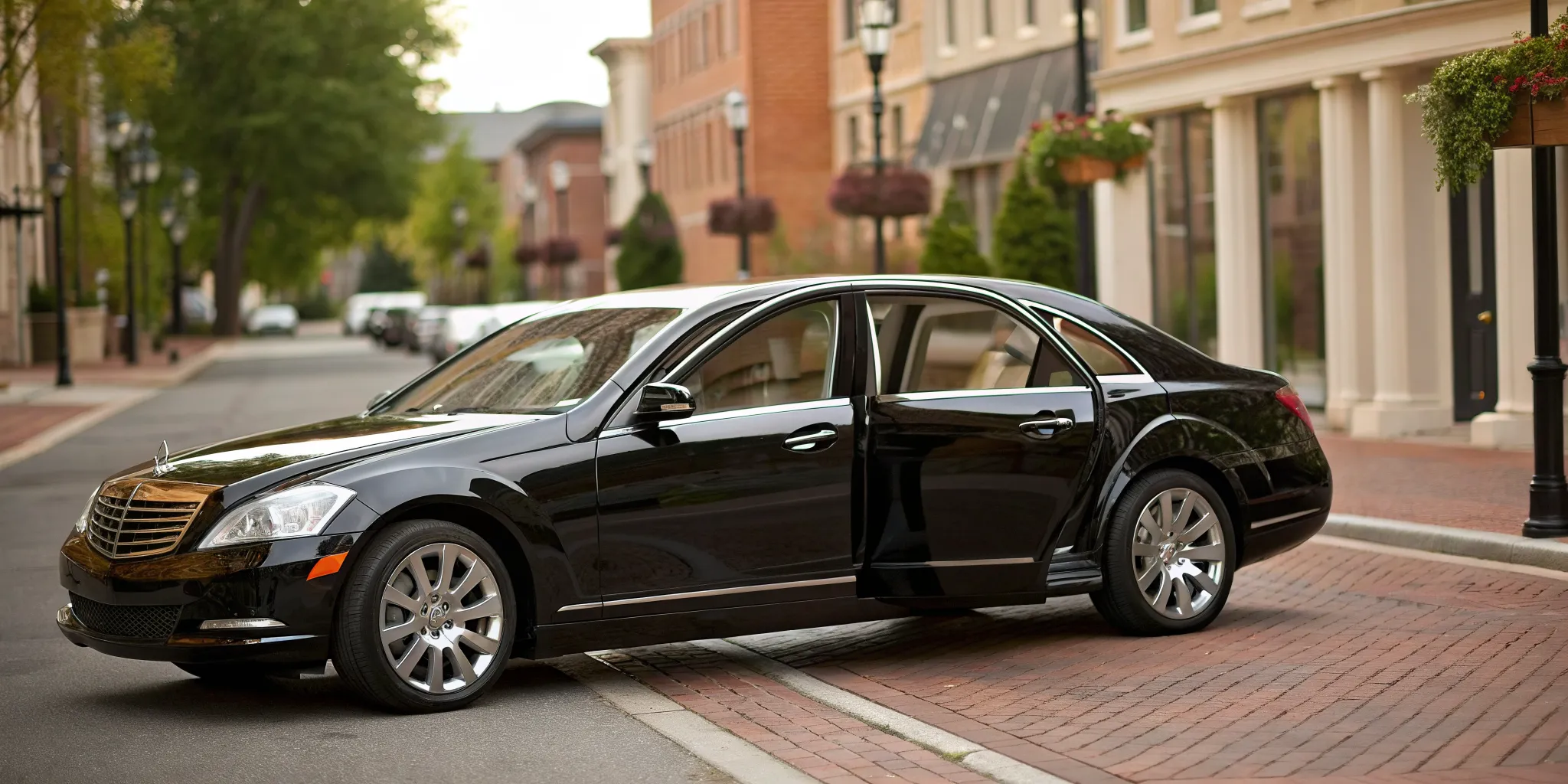 A luxury executive car from a Newark, DE service with the rear door open.