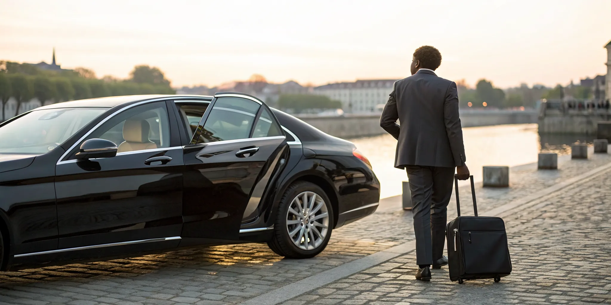 Executive transport in Bayonne with a luxury black car and professional chauffeur by the water.