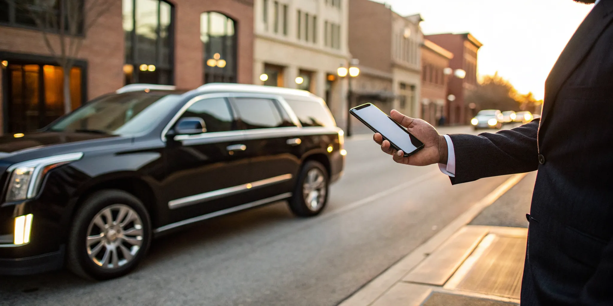 Executive transportation arriving for a businessperson on their phone in Greenwood, DE.