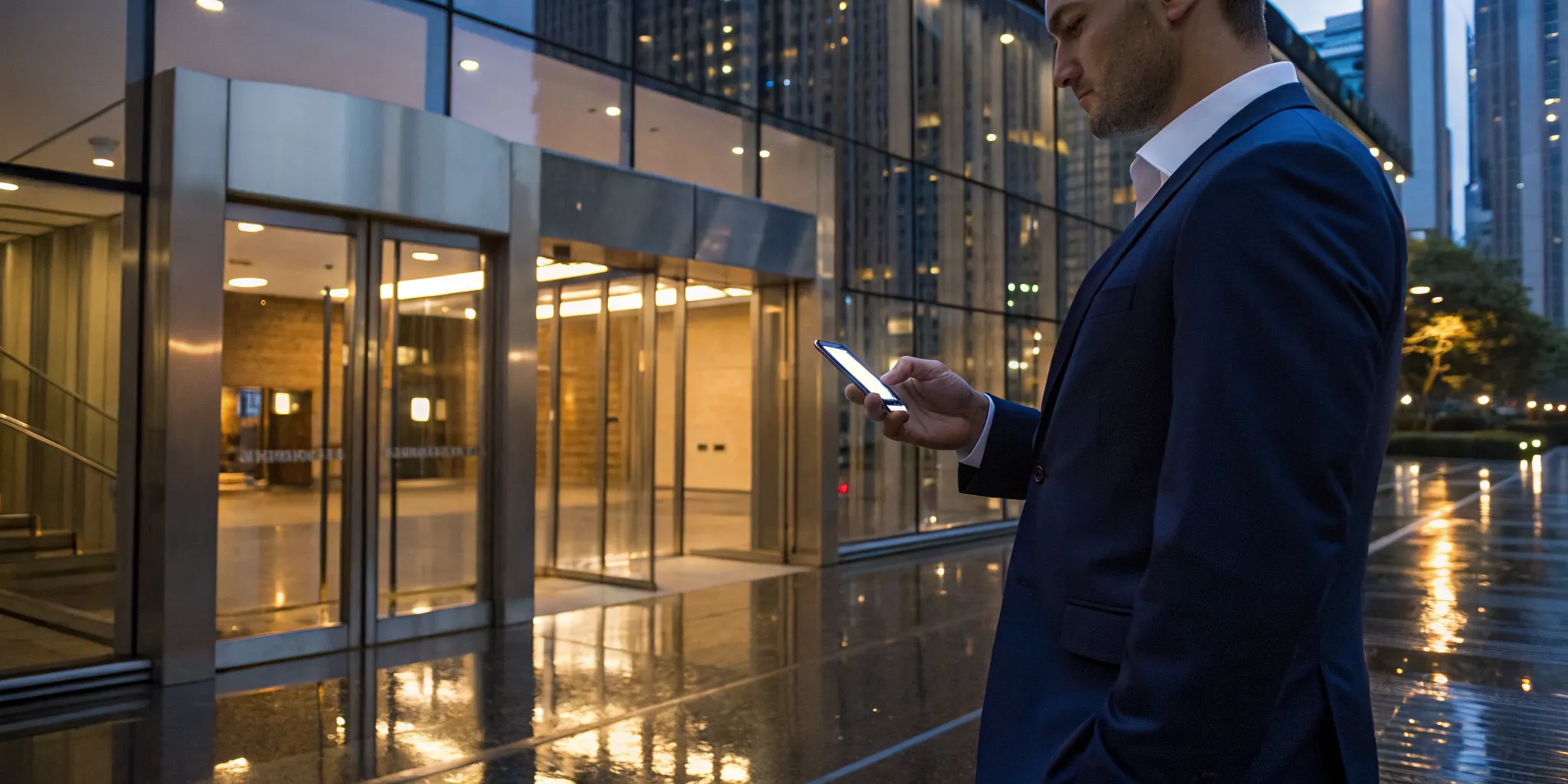 Executive in a suit uses a phone to find an executive transportation number.