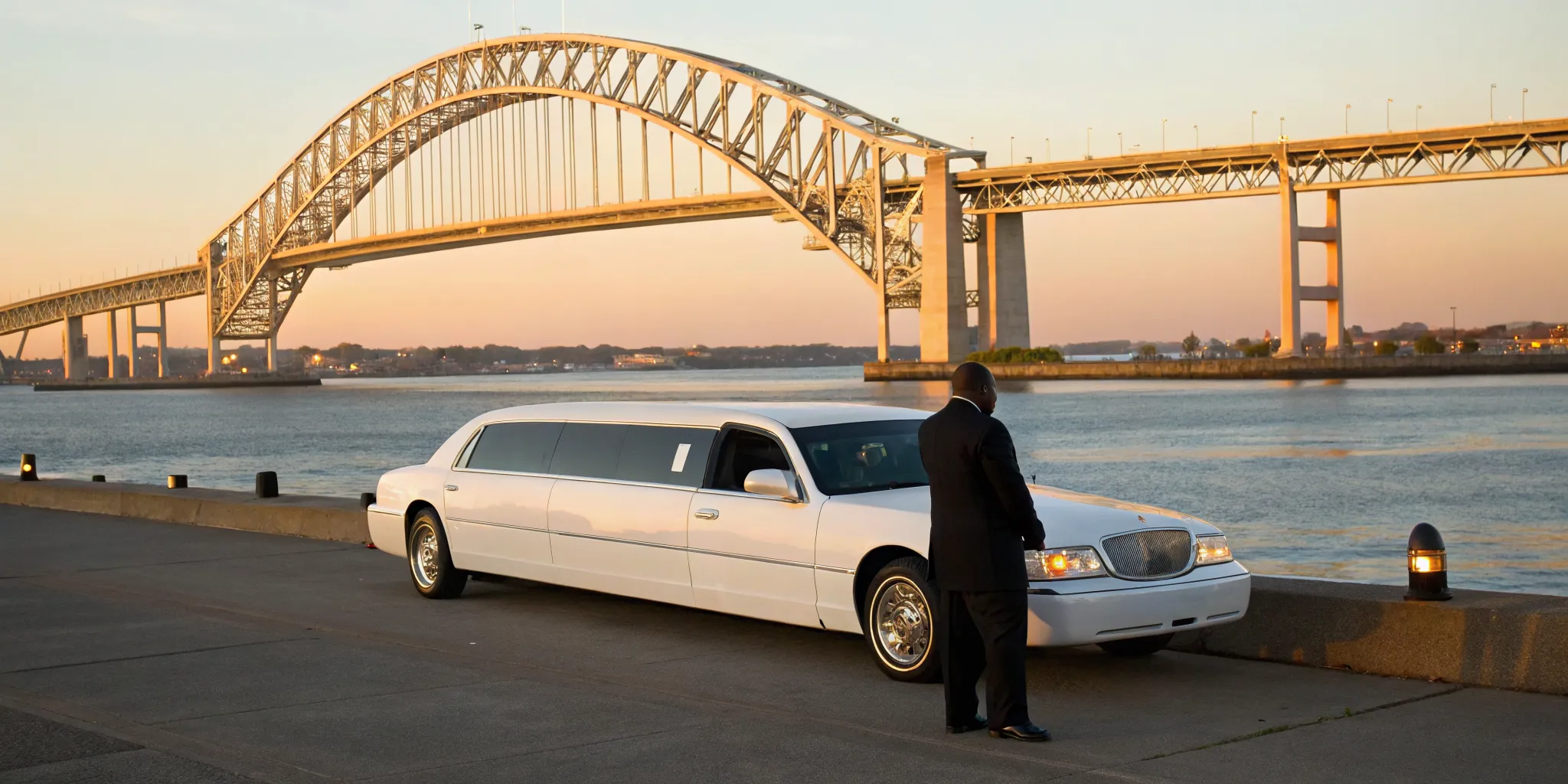 Elegant bridal limo on the Bayonne waterfront at sunset.