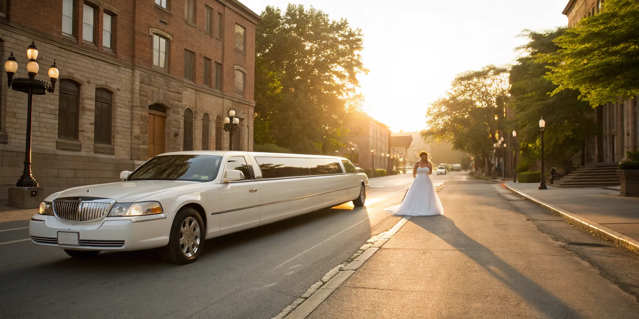 Bride in wedding dress posing with a white stretch bridal limo in Wayne.