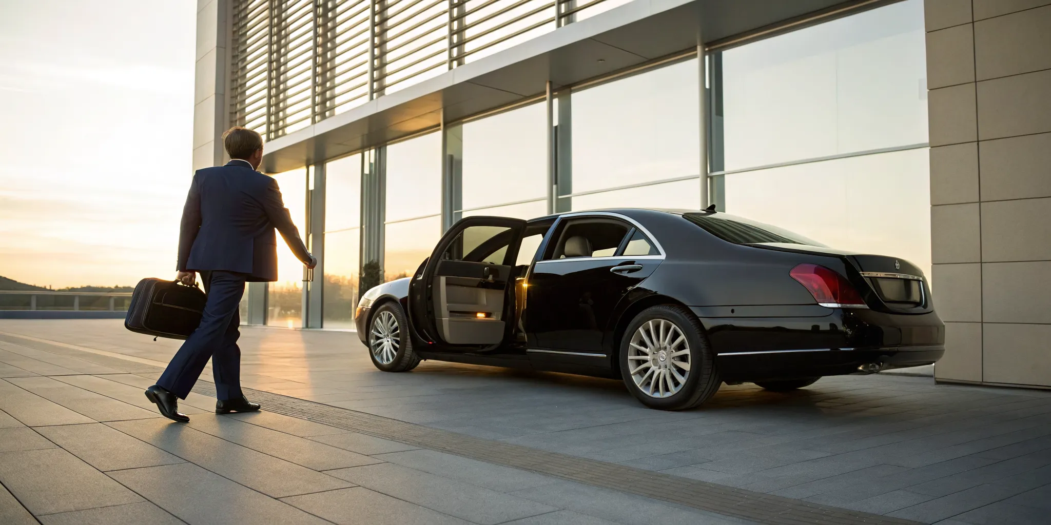 Businessman walking to a luxury black sedan for Glen Mills executive transport.