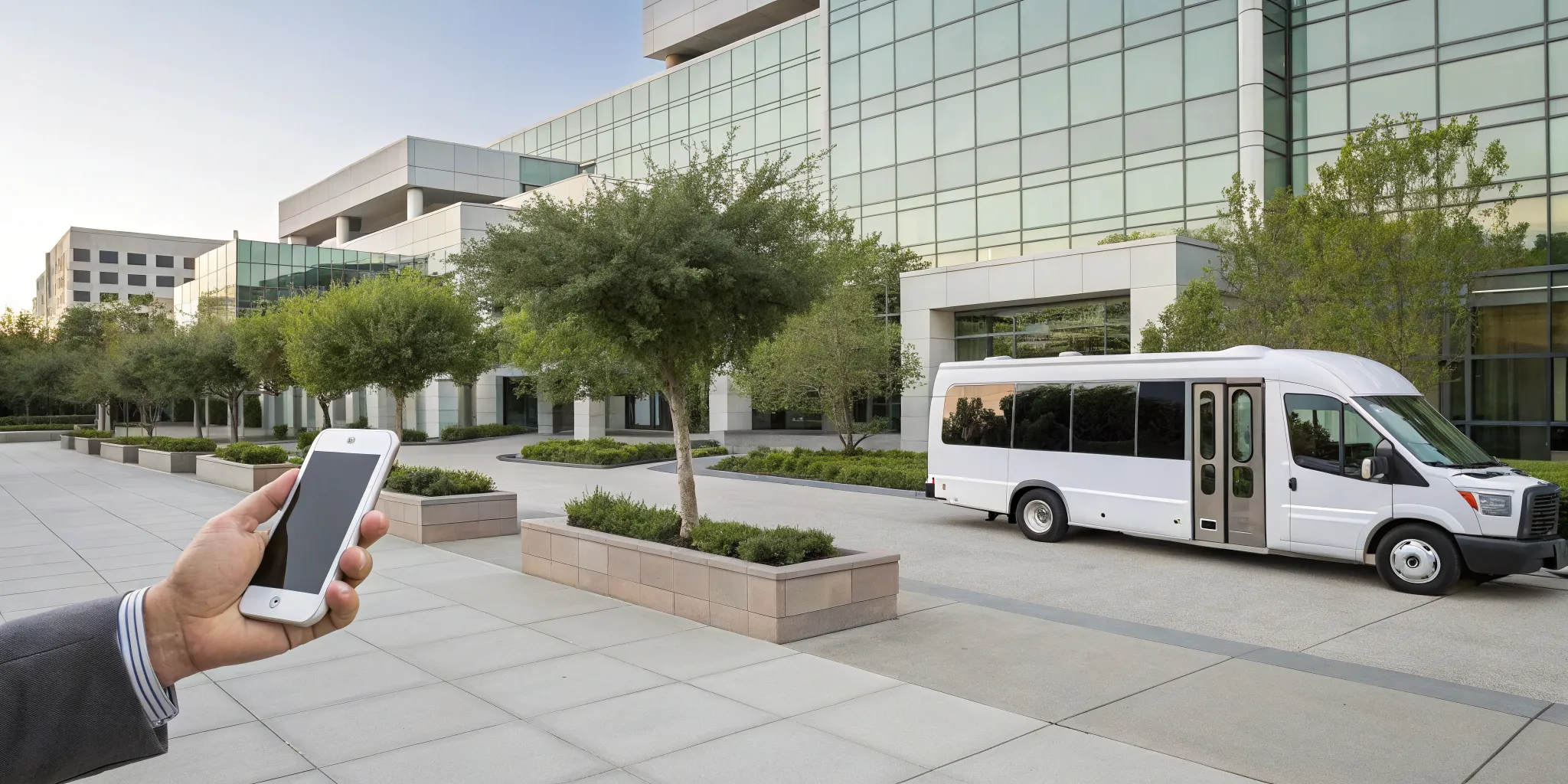 A corporate group shuttle van in Glen Mills being booked via smartphone.