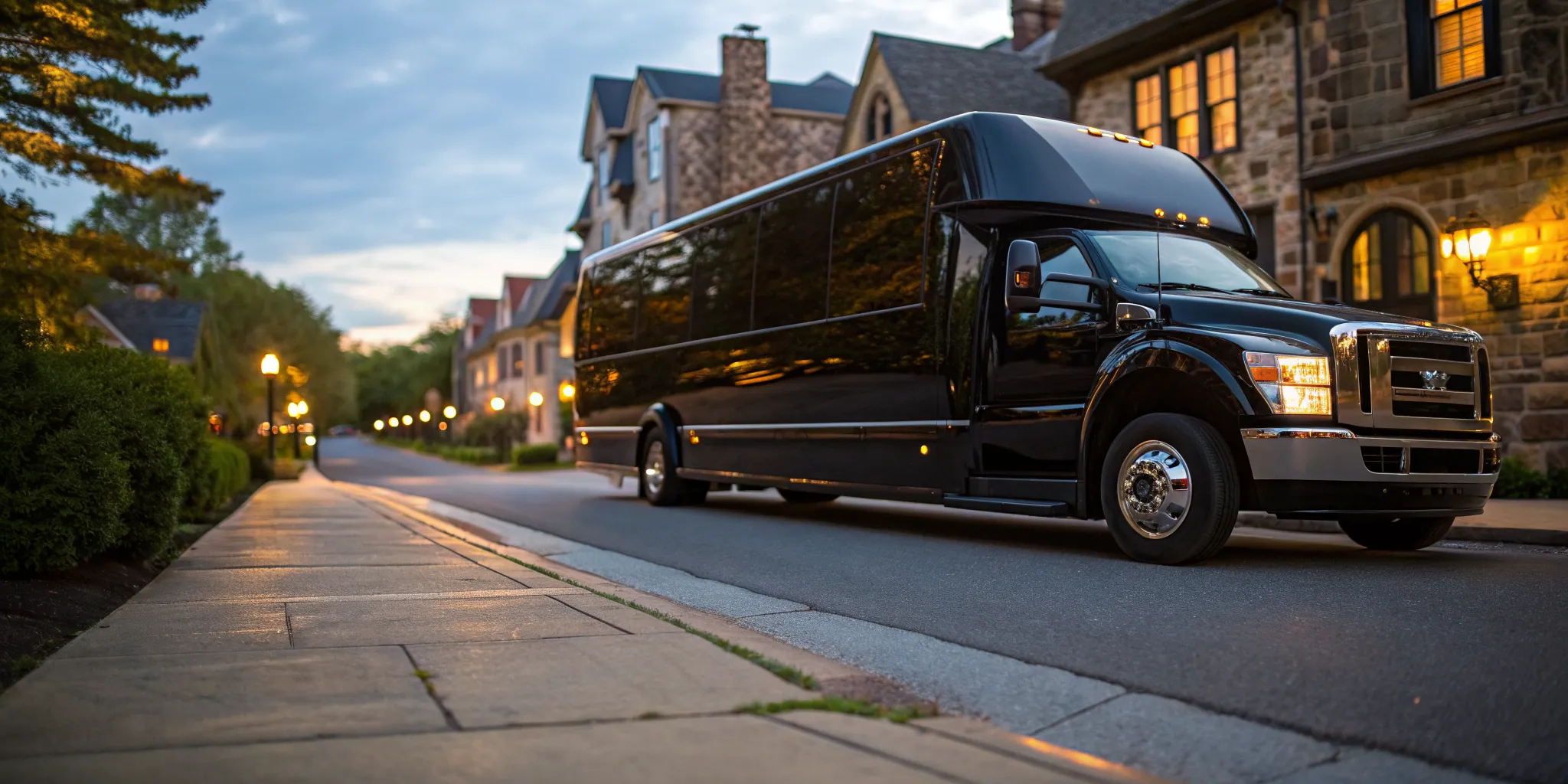 A luxury black Glen Mills party bus rental ready for a wedding, corporate event, or prom.