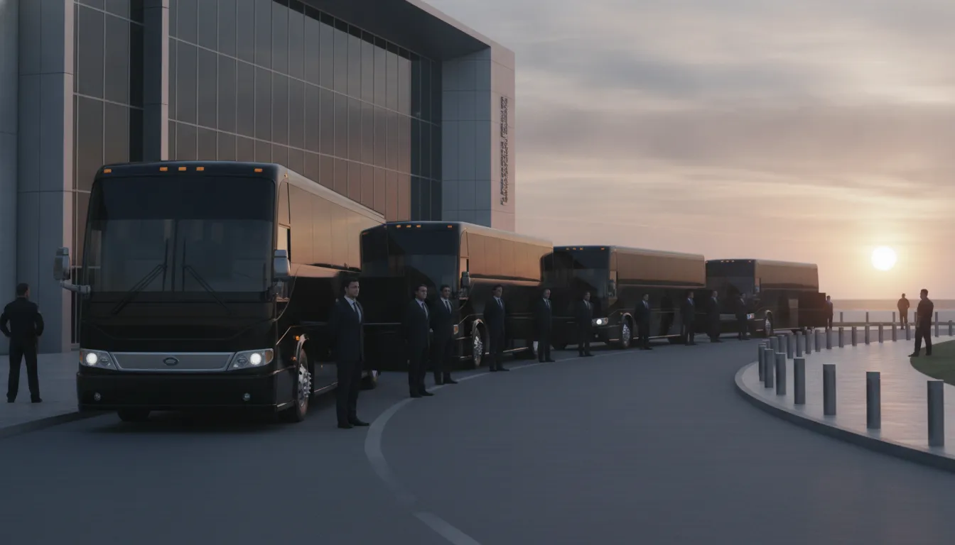Professional black coach buses and sedans lined up outside a modern government office building at dawn