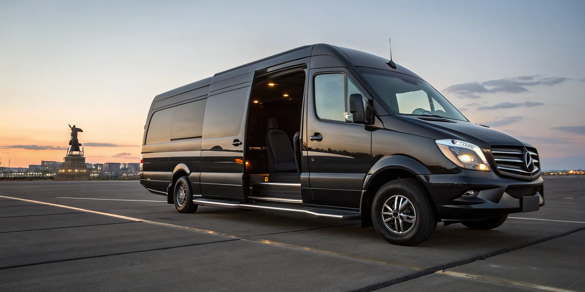 A black Sprinter van group limo in Newark with its door open for passengers.