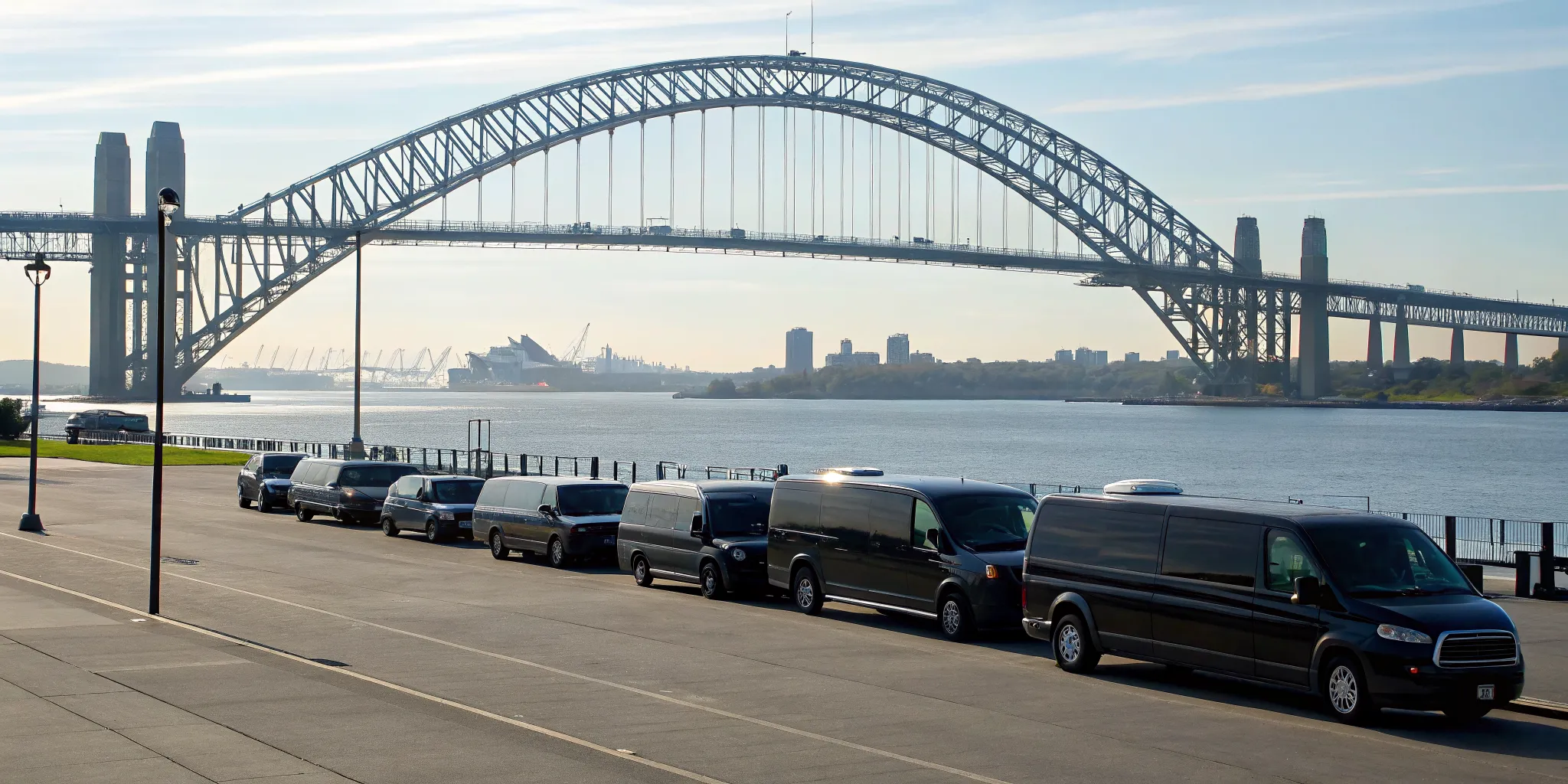 Group transportation vans parked near the Bayonne Bridge.