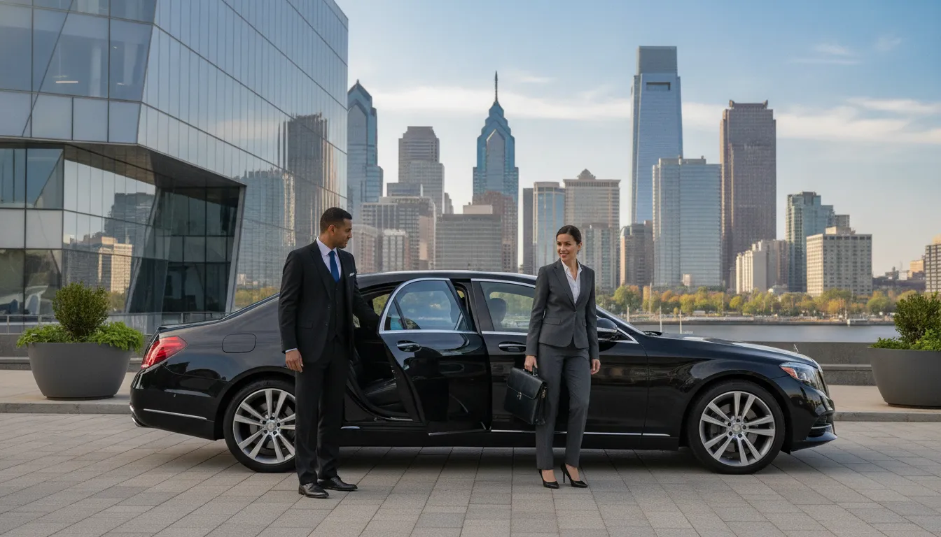 Professional chauffeur in suit assisting an executive traveler at a corporate office building in Philadelphia