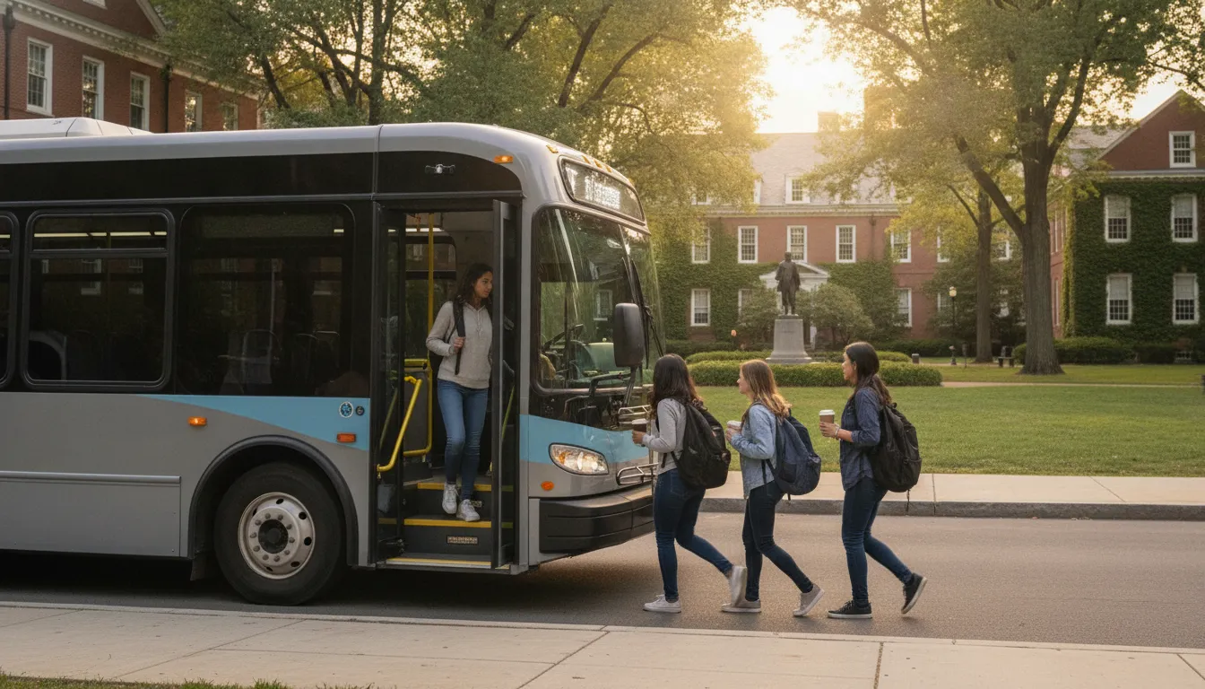 Modern shuttle bus at a Philadelphia university campus with students boarding