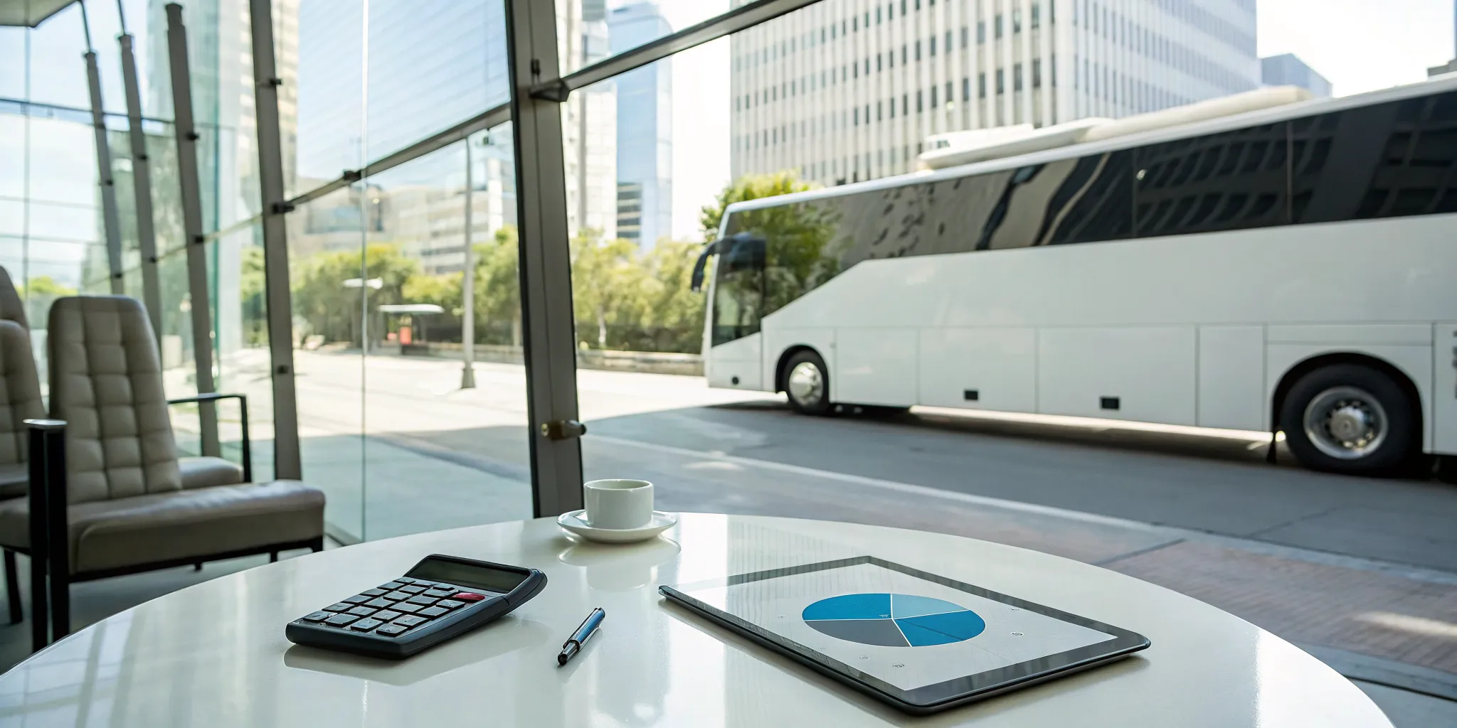 A calculator and tablet on a desk used to plan the cost to rent a bus for a group trip.