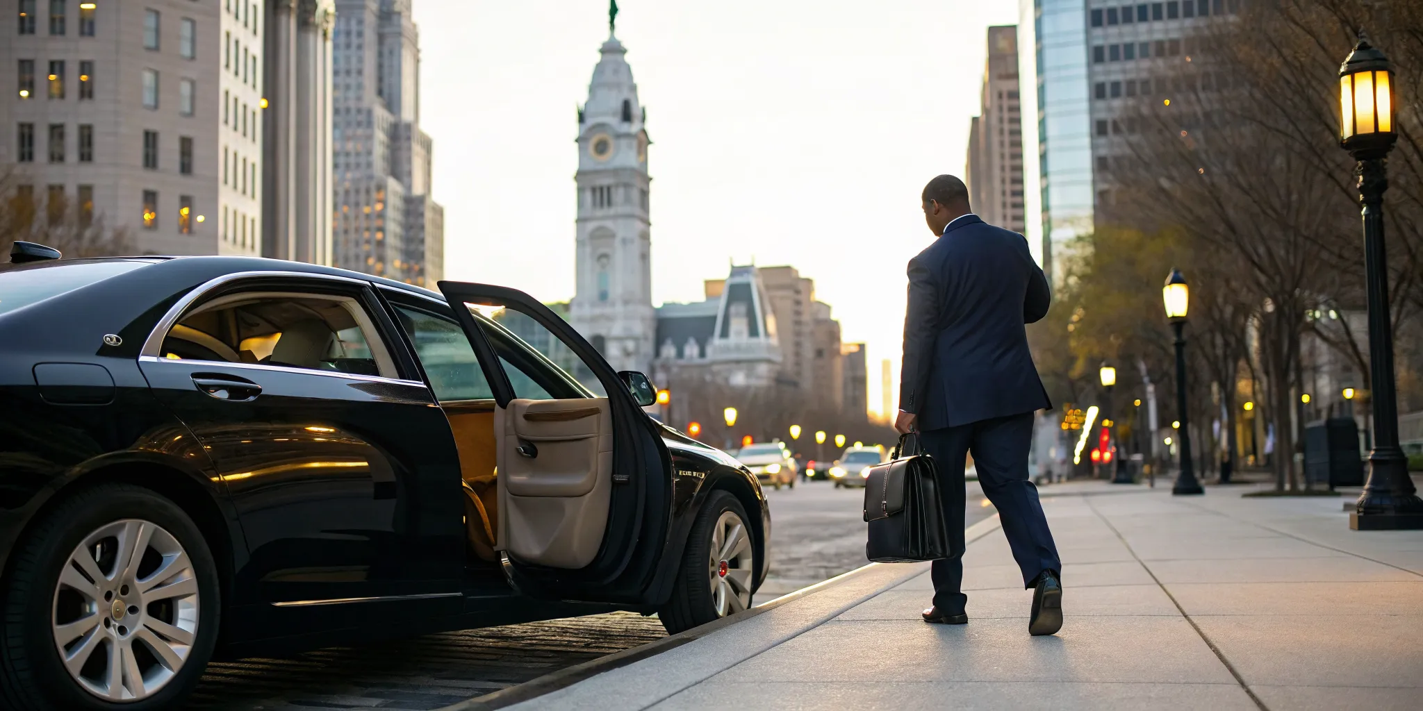 Businessman using a Philadelphia chauffeur service for corporate travel.
