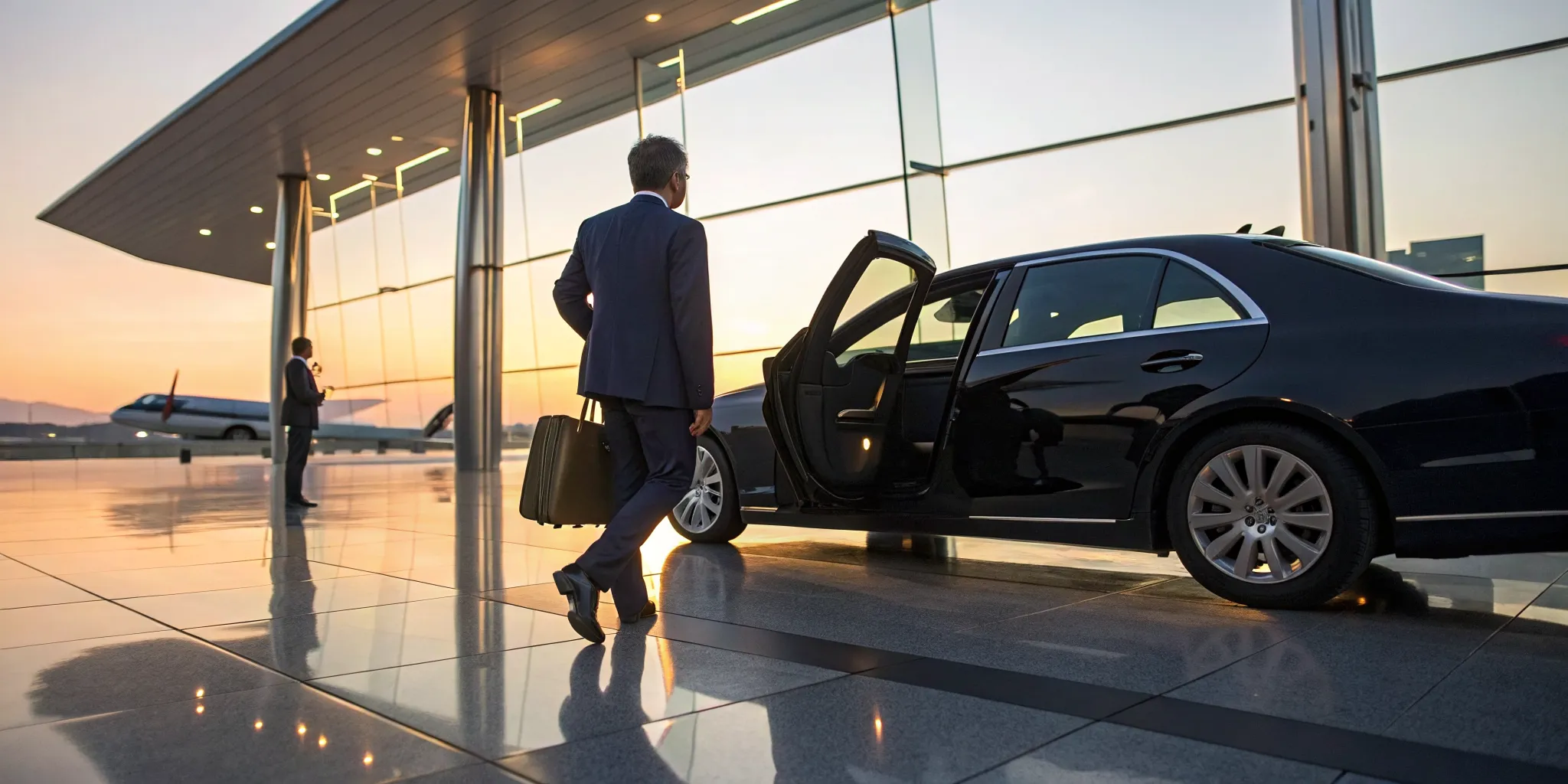 A private car to the airport for a business traveler with luggage.