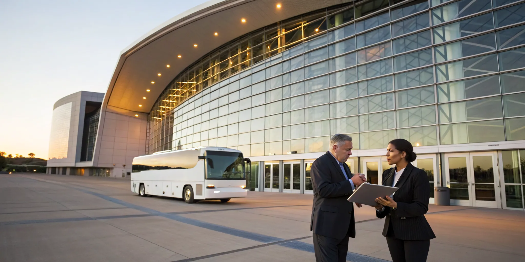 Business professionals arranging transportation for a company event with a charter bus.