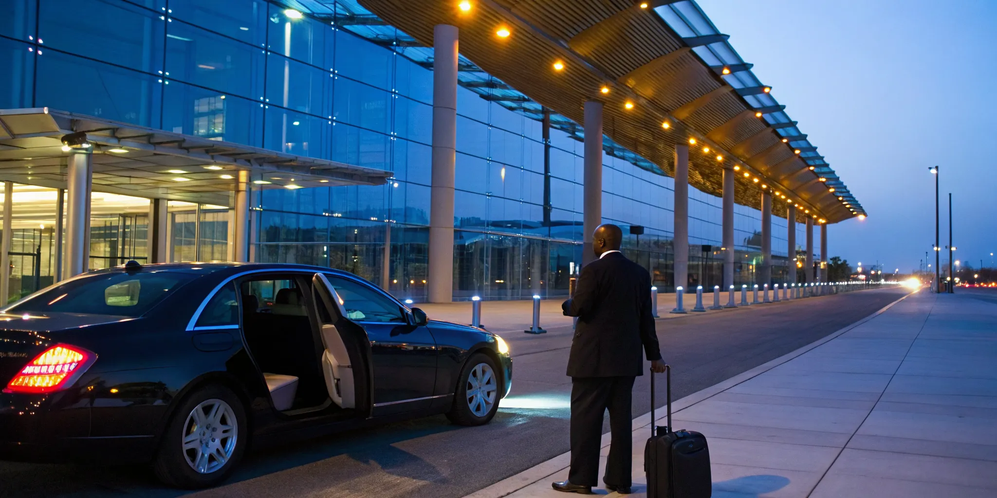 A traveler with luggage standing next to a black airport limo at the Philadelphia terminal.