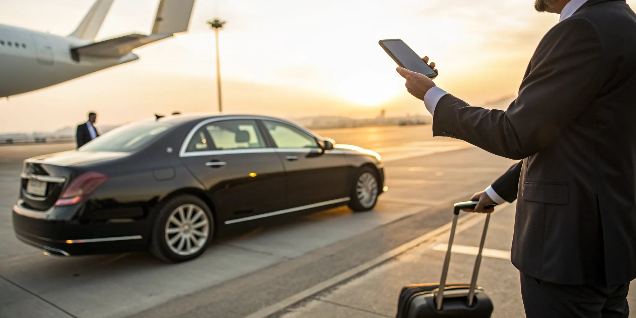 Businessman waits for his luxury airport limo service at Newark.