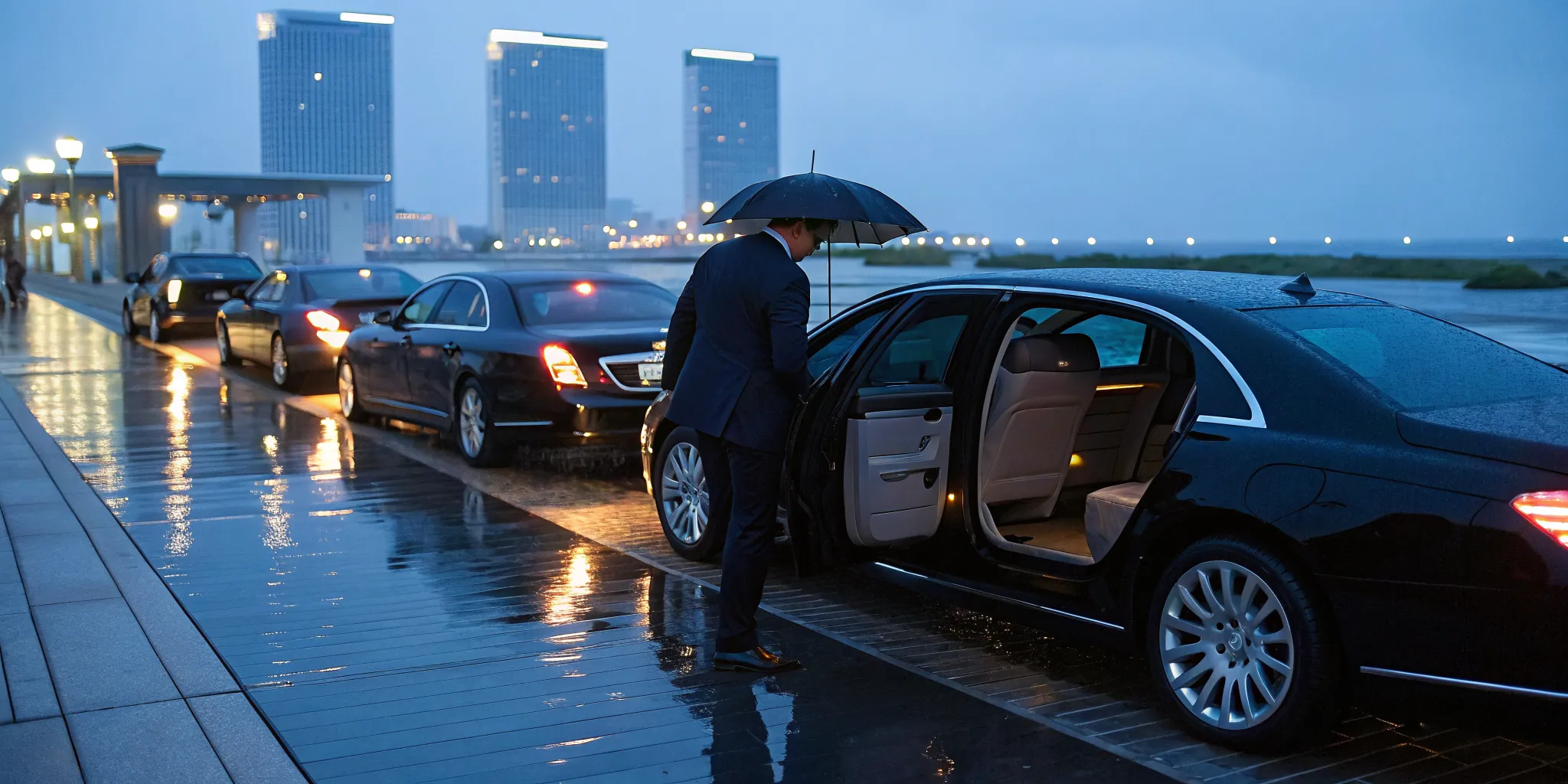 A businessman entering his Atlantic City black car service on a rainy evening.
