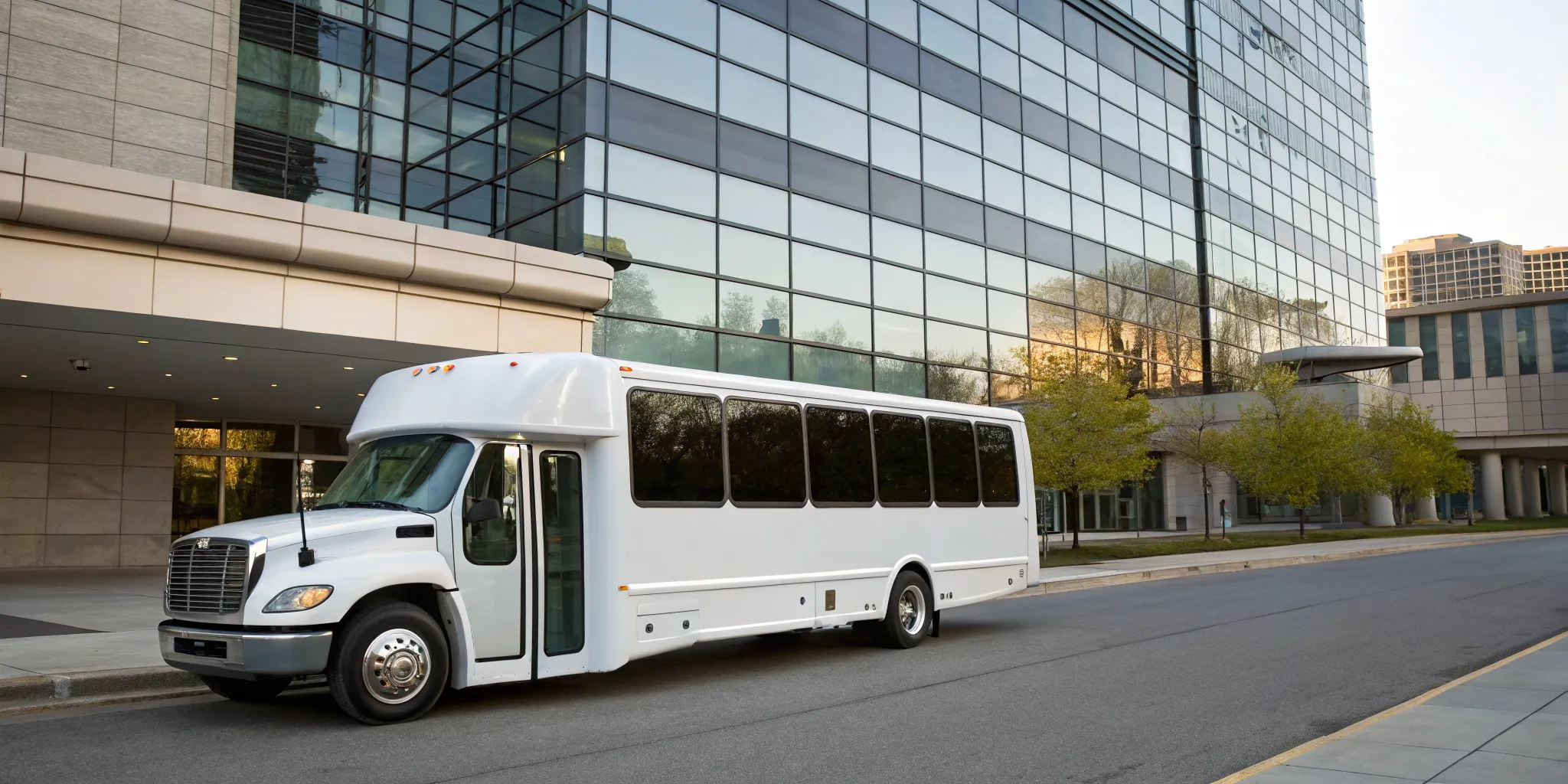 A white event shuttle for weddings and corporate events in Wayne.