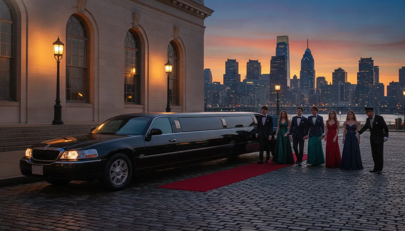 Black limousine parked outside Philadelphia event venue with prom attendees in formalwear boarding with professional chauffeur