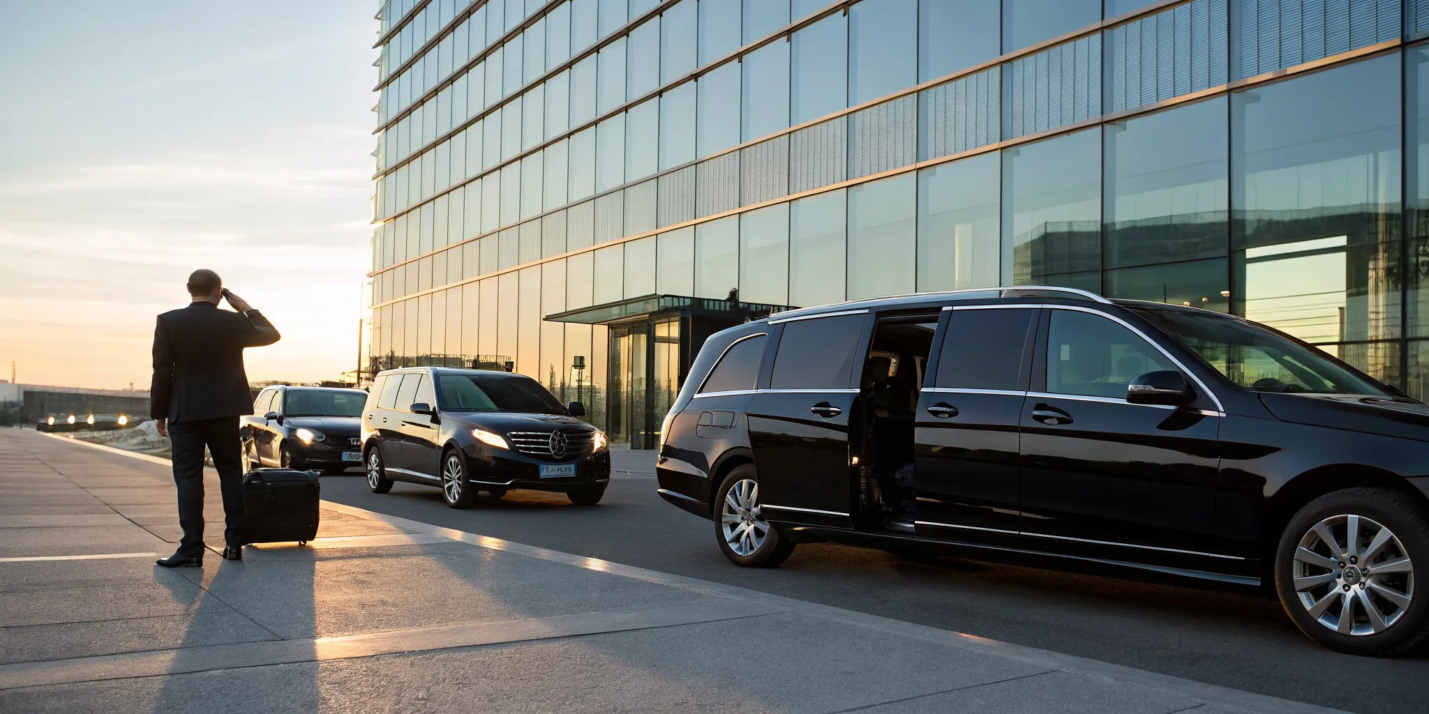 A professional chauffeur waiting by a luxury black car in Bayonne.