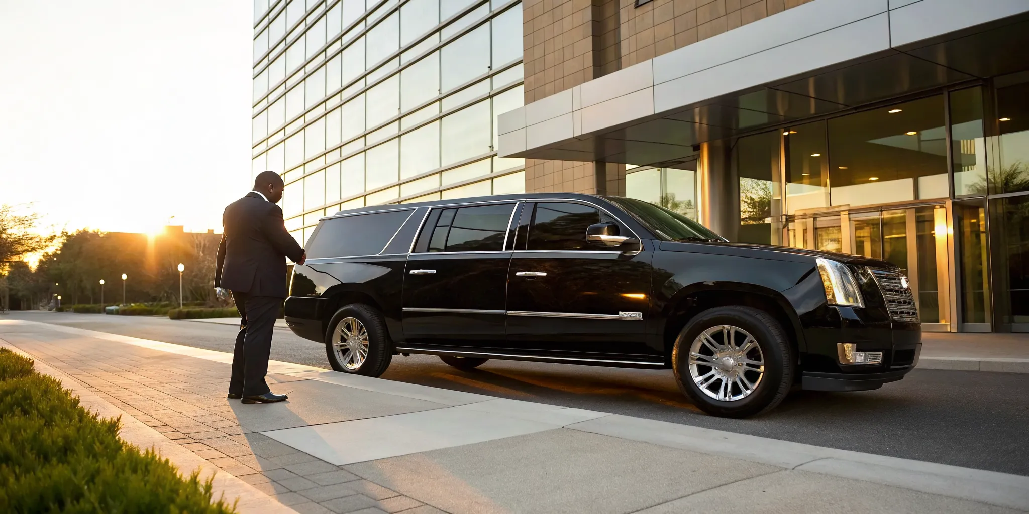 A chauffeur opens the door to a Glen Mills SUV limo at sunset.