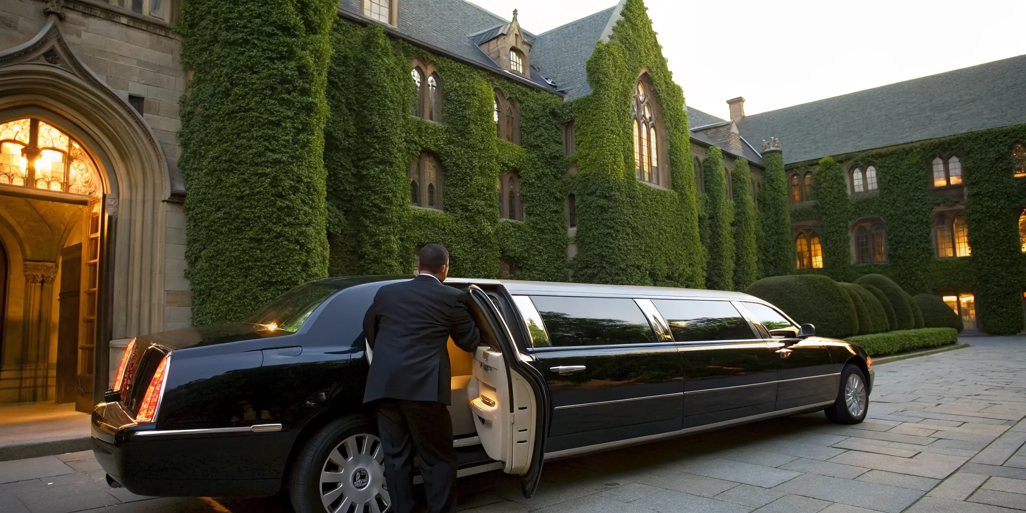 Black stretch wedding limo with chauffeur in front of an ivy-covered building in Princeton.