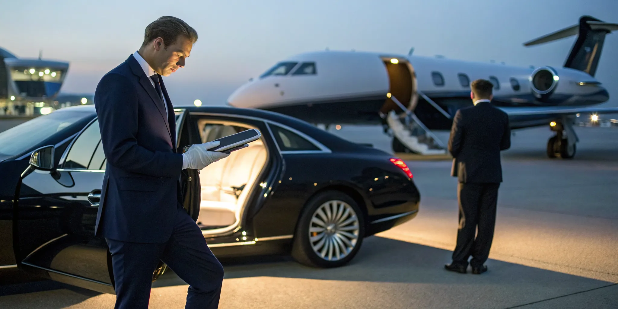 Chauffeur for a Wayne corporate limo service waiting by a luxury sedan at an airport with a private jet.