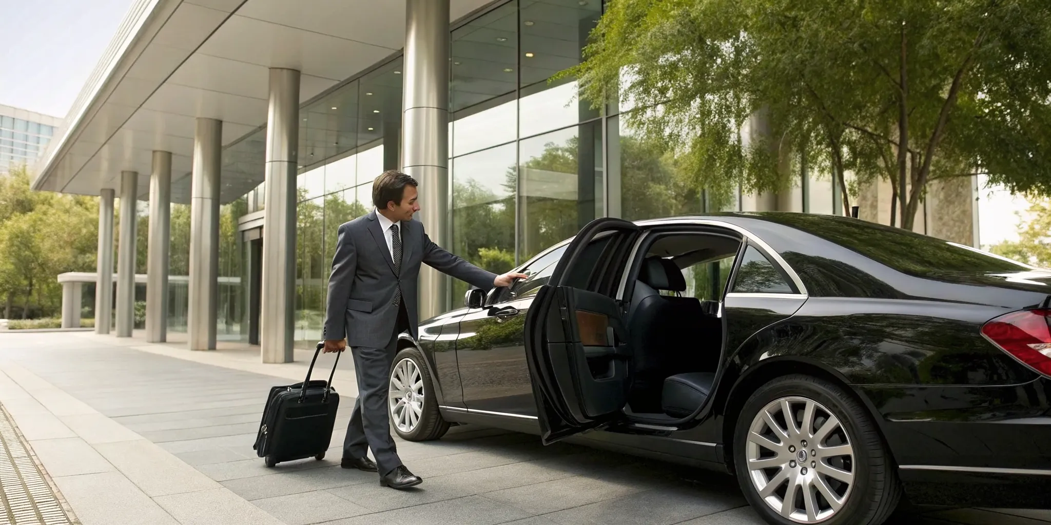 A professional chauffeur service in Wayne helps a businessman into a luxury black car.