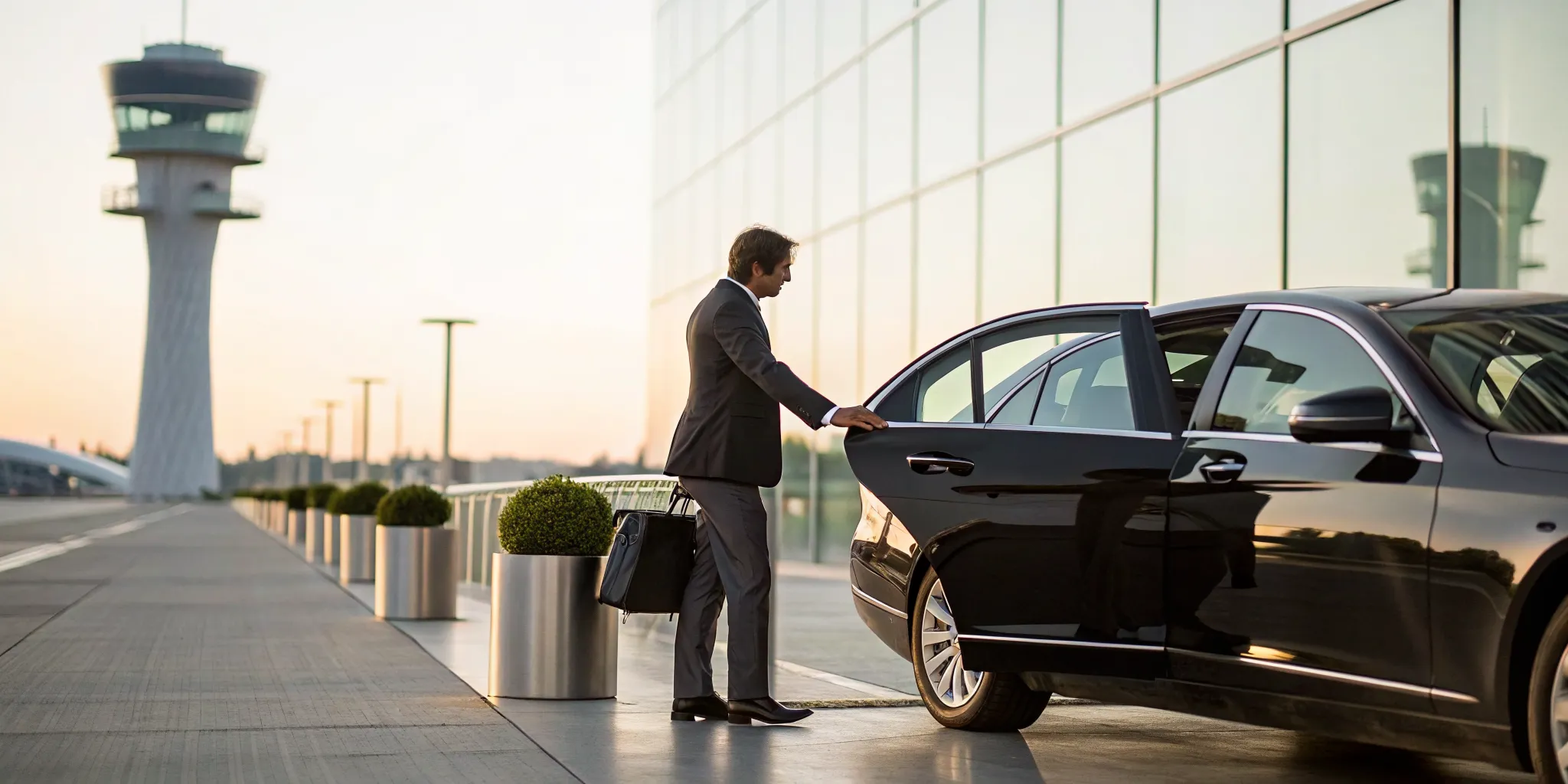 A professional chauffeur service in Newark with a businessman entering a luxury sedan.