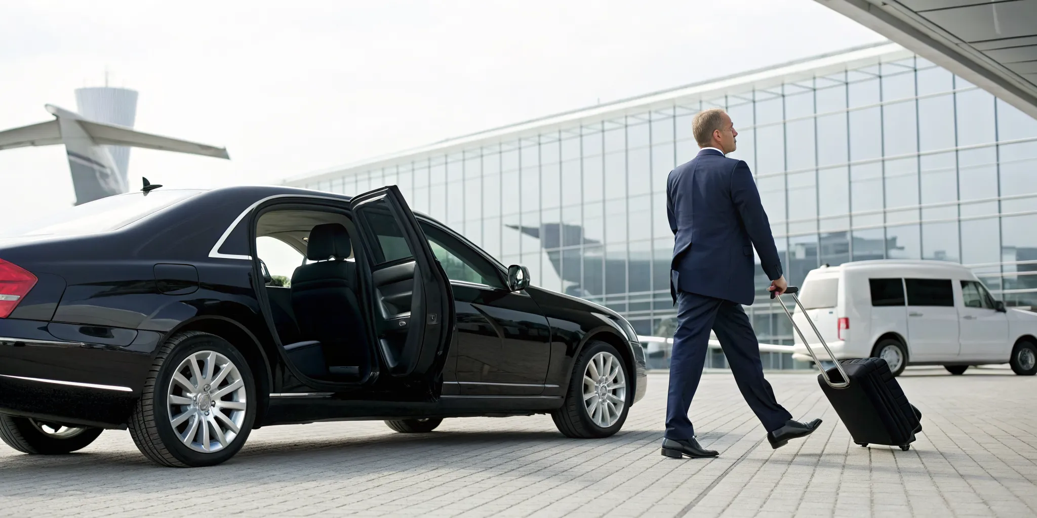 A private airport car service dropping off a traveler with luggage in Wayne.