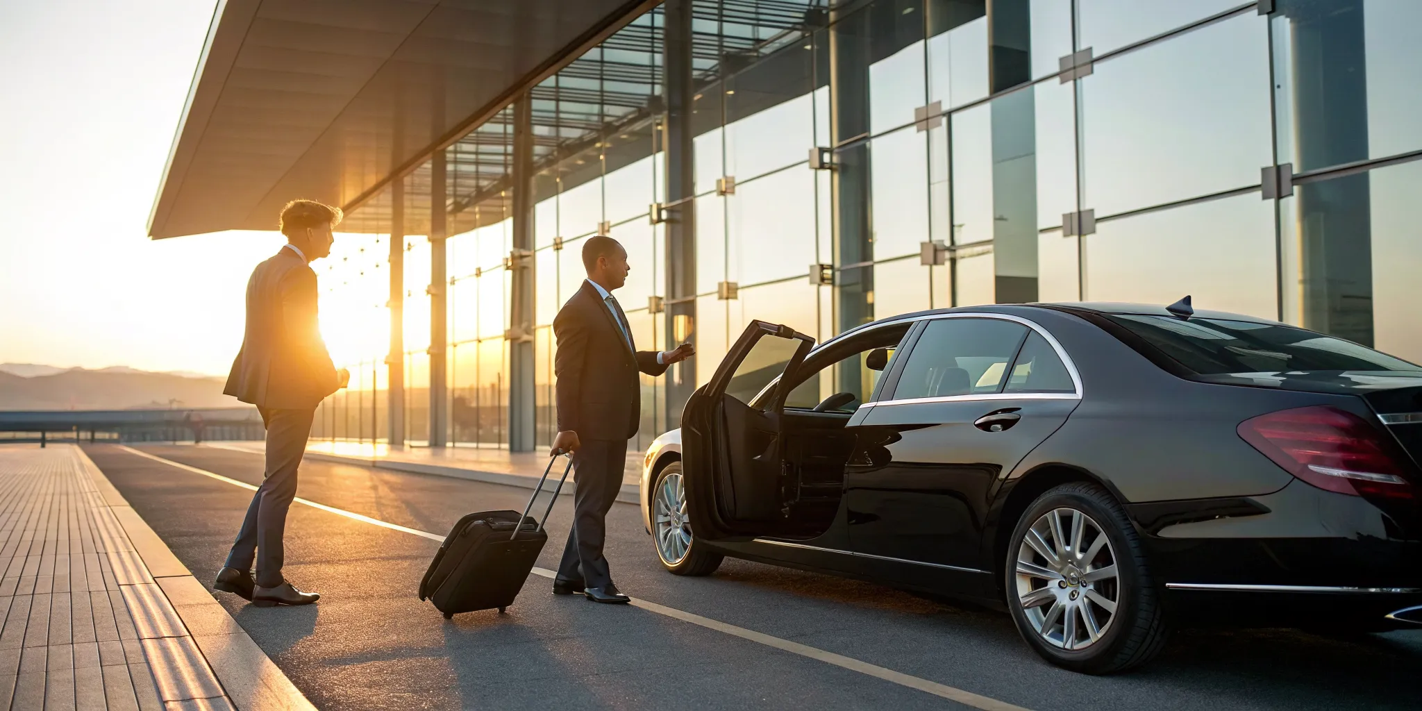 Travelers with luggage using a professional Wilmington PHL car service outside the airport terminal.