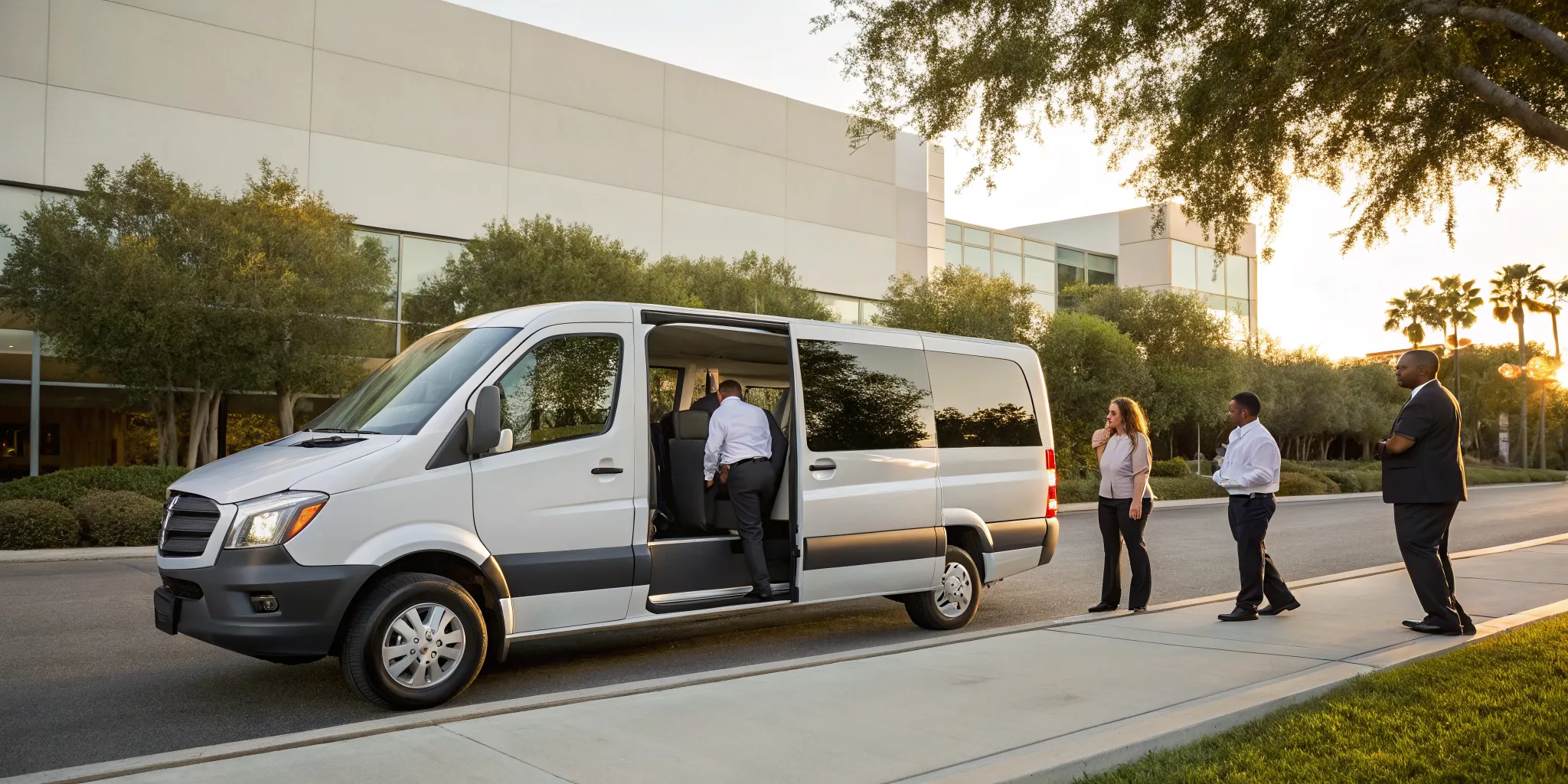 Employee shuttle in Wayne picking up corporate workers from their office.