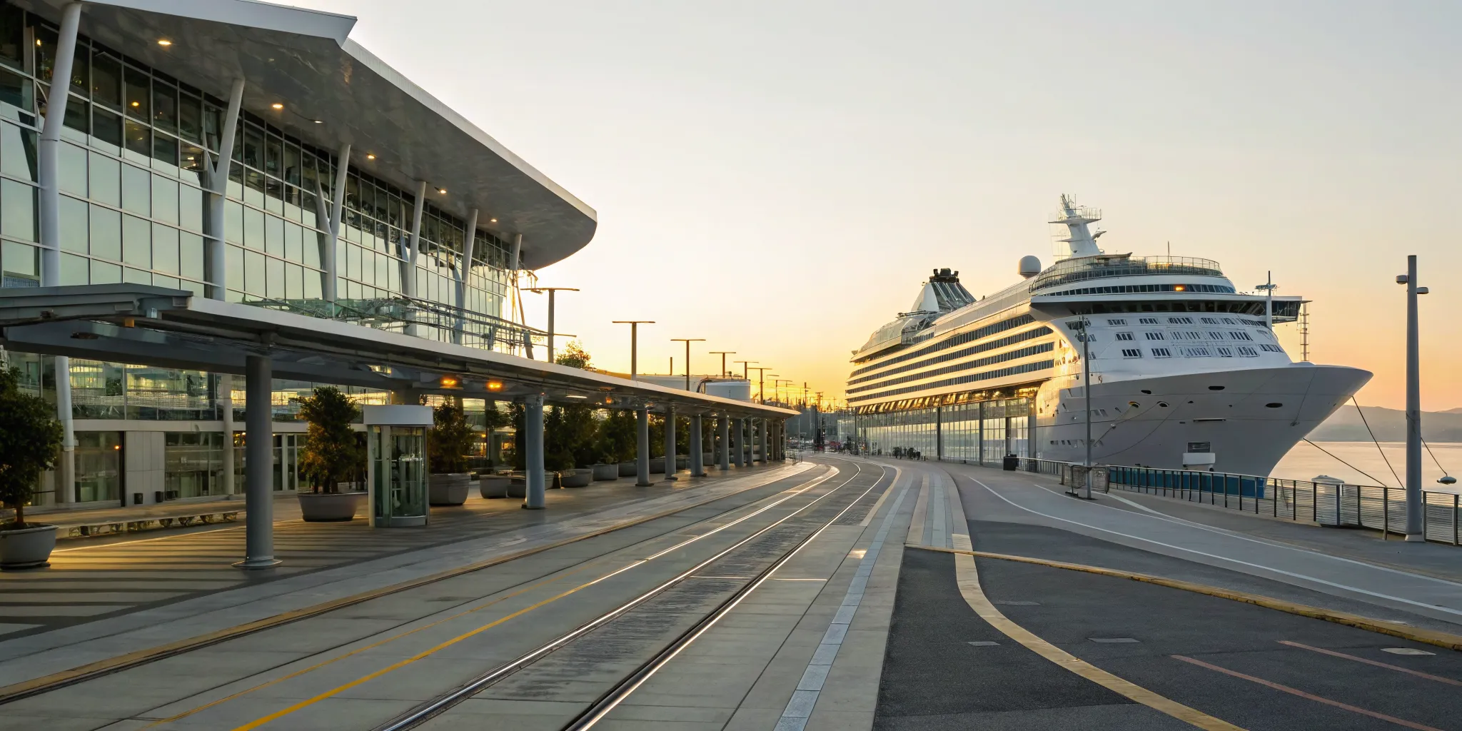 A cruise ship at a terminal, showing how to get there without a car via pedestrian and transit options.