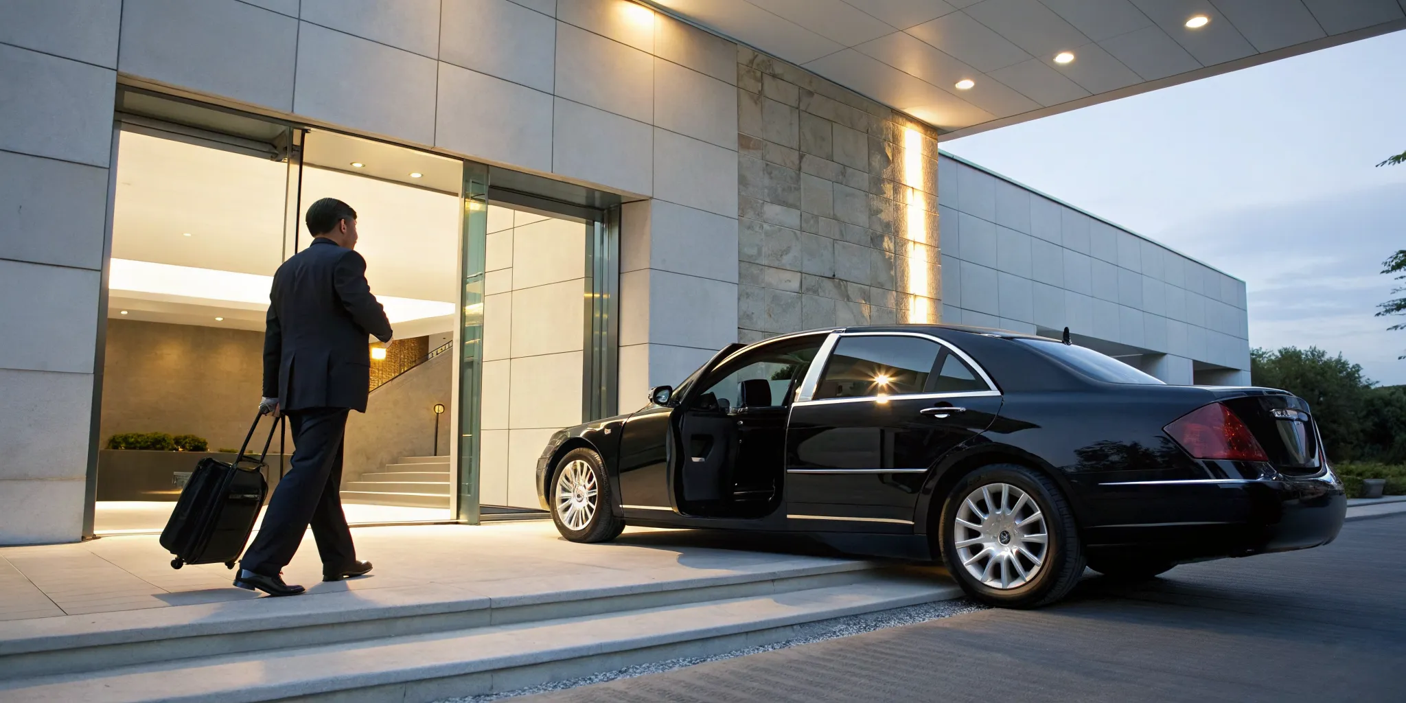 A business traveler arrives in a luxury sedan with their professional Bayonne chauffeur.