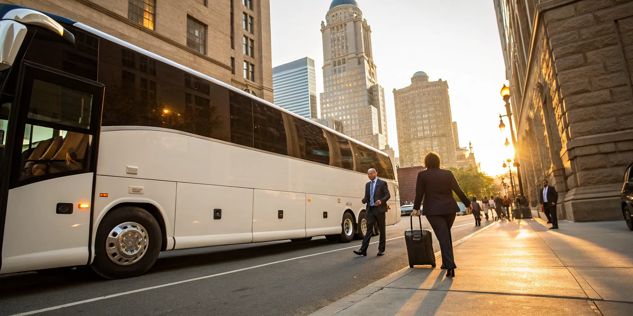 Business professionals boarding a charter bus they rent in downtown Philadelphia.