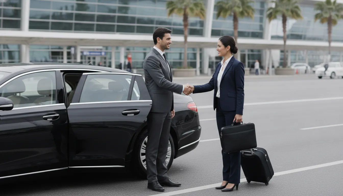 Professional chauffeur welcoming an executive traveler beside a black sedan