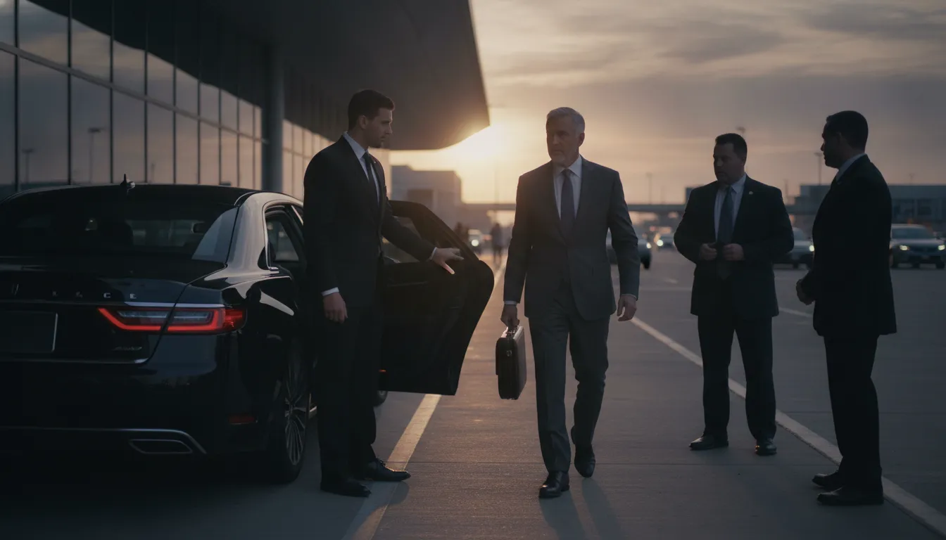 Executive sedan with professional chauffeur at the Philadelphia International Airport departures curb