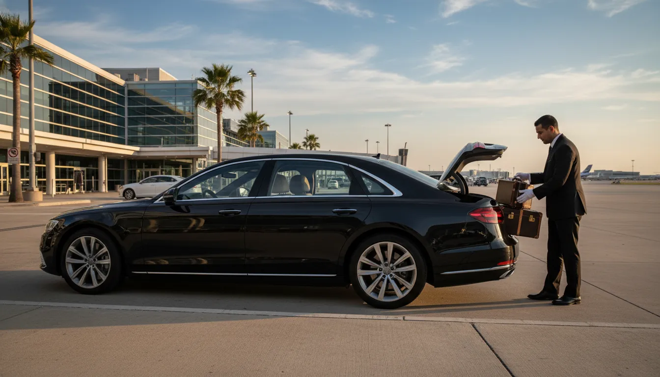 Professional chauffeur loading luggage into a black sedan for a Philadelphia Airport transfer