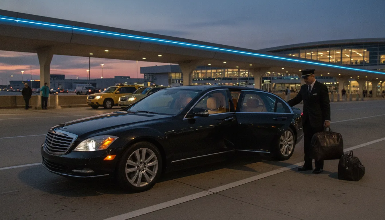 Executive chauffeur assisting a traveler at Philadelphia International Airport