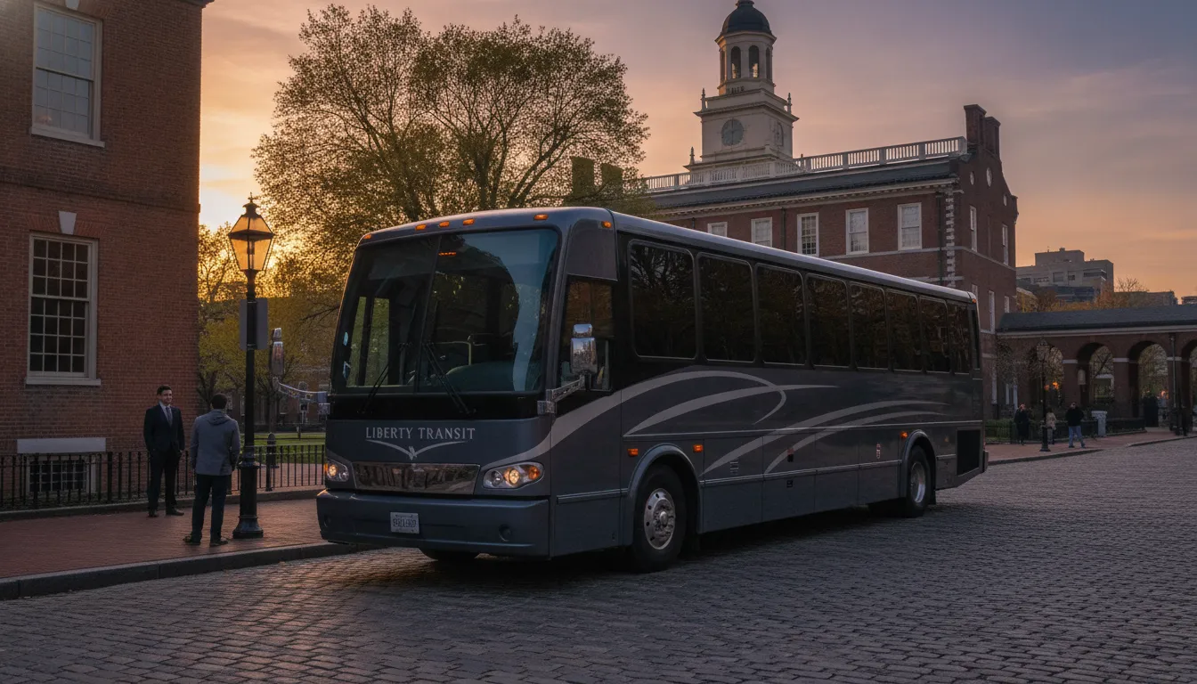 A luxury mini coach bus driving on a street in Philadelphia
