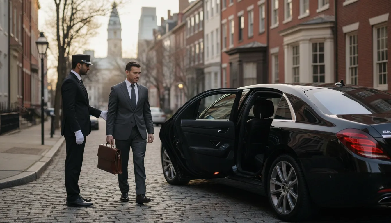 Professional chauffeur opening a black executive sedan in Philadelphia