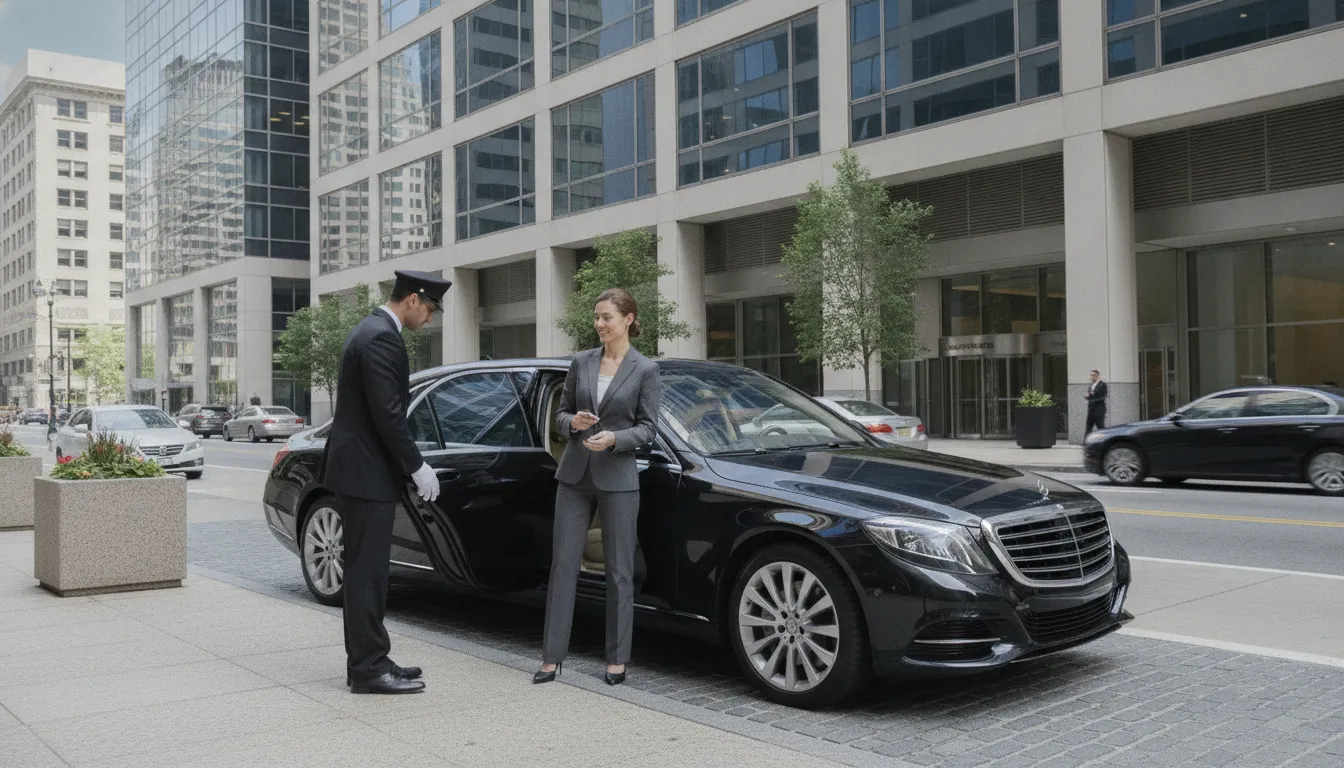 Professional chauffeur holding door for executive outside Philadelphia office building