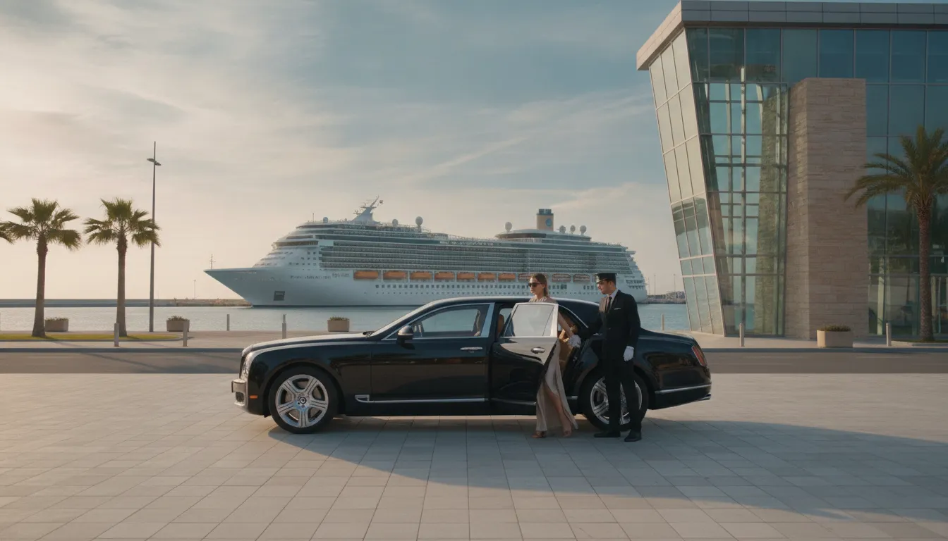 Luxury black sedan arriving at a cruise port entrance with ship visible in background