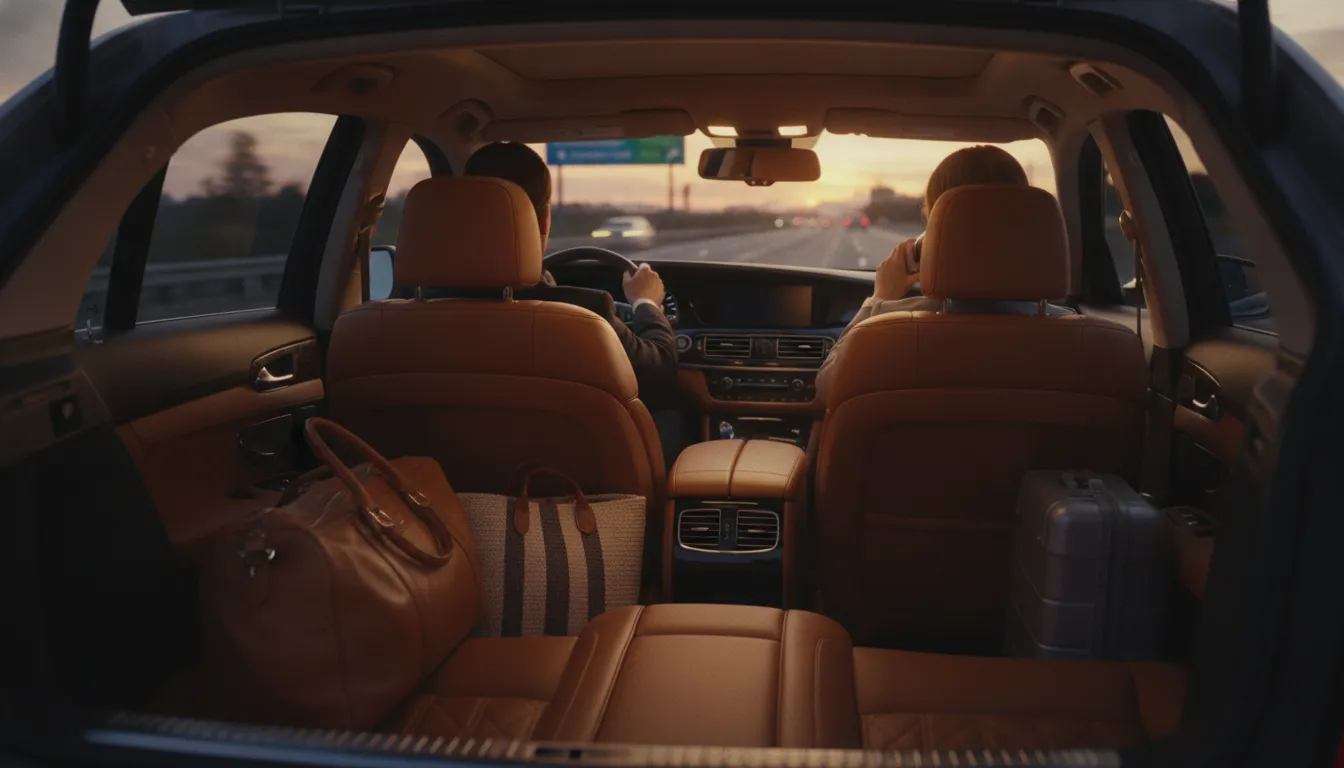 Comfortable chauffeured sedan interior with luggage ready for a cruise terminal transfer
