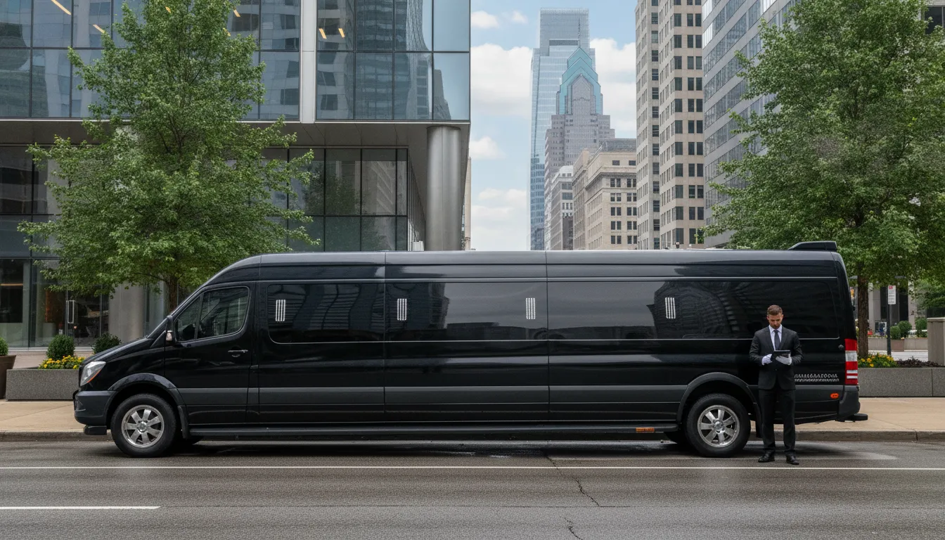 Sleek black Mercedes Sprinter limousine parked outside a Philadelphia corporate building ready for executive transportation