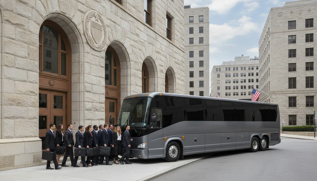 Executive coach bus parked outside a secure government office complex