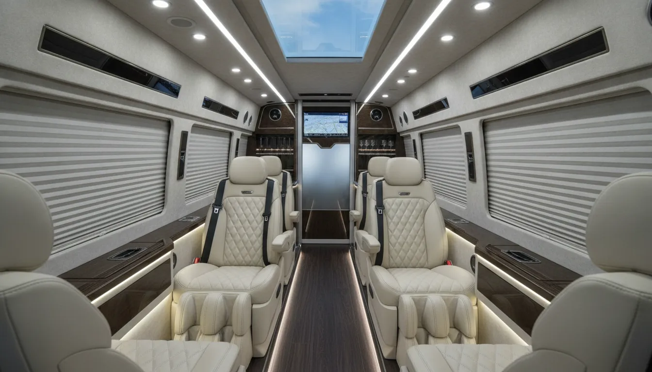 The spacious and luxurious interior of an executive Sprinter van with leather seating