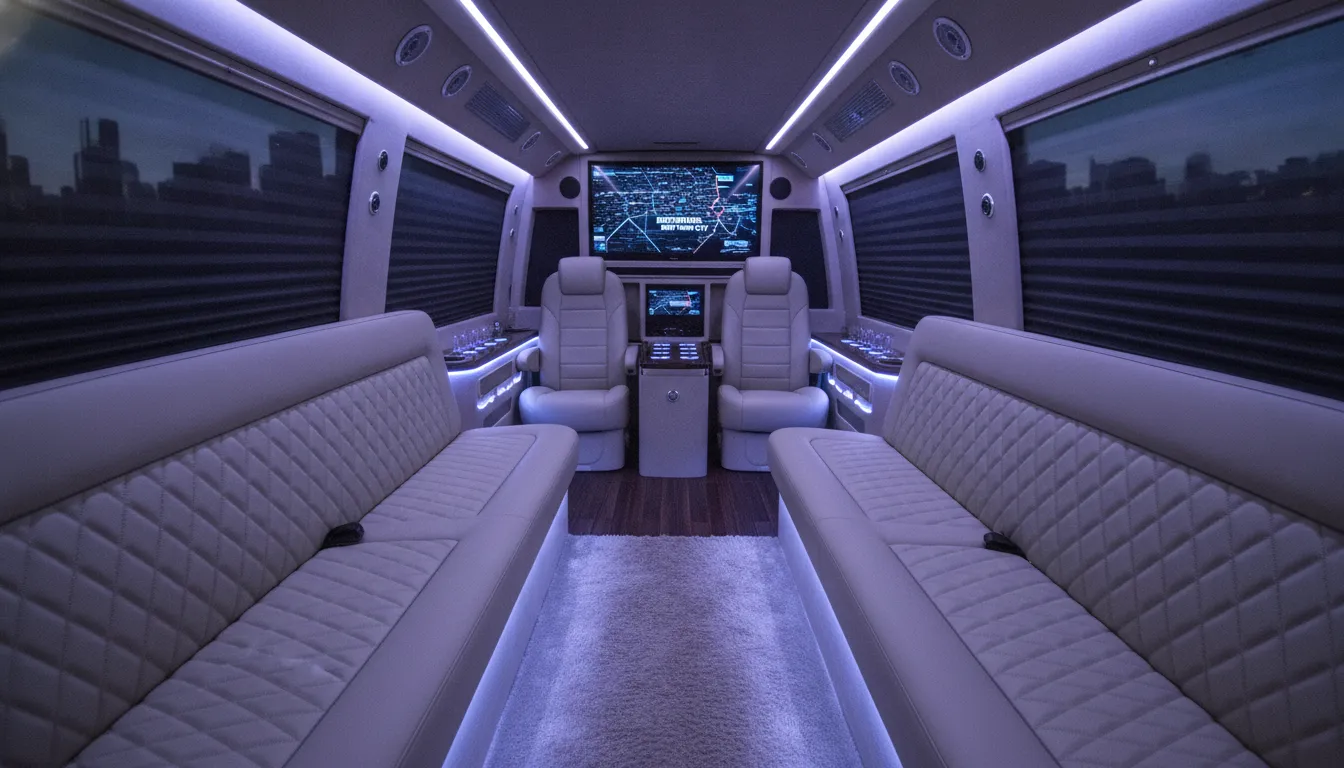 Luxury Mercedes Sprinter limousine interior with wrap-around leather seating and ambient LED mood lighting